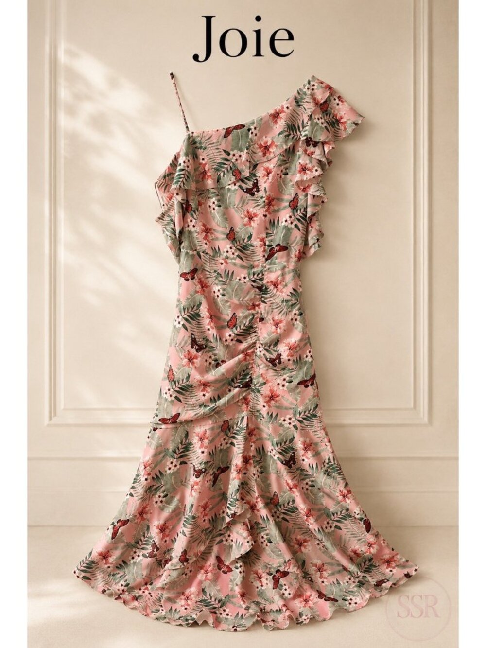 Joie Jamima Pink Butterfly Floral Silk One Shoulder Ruffle Asymmetric Midi Dress